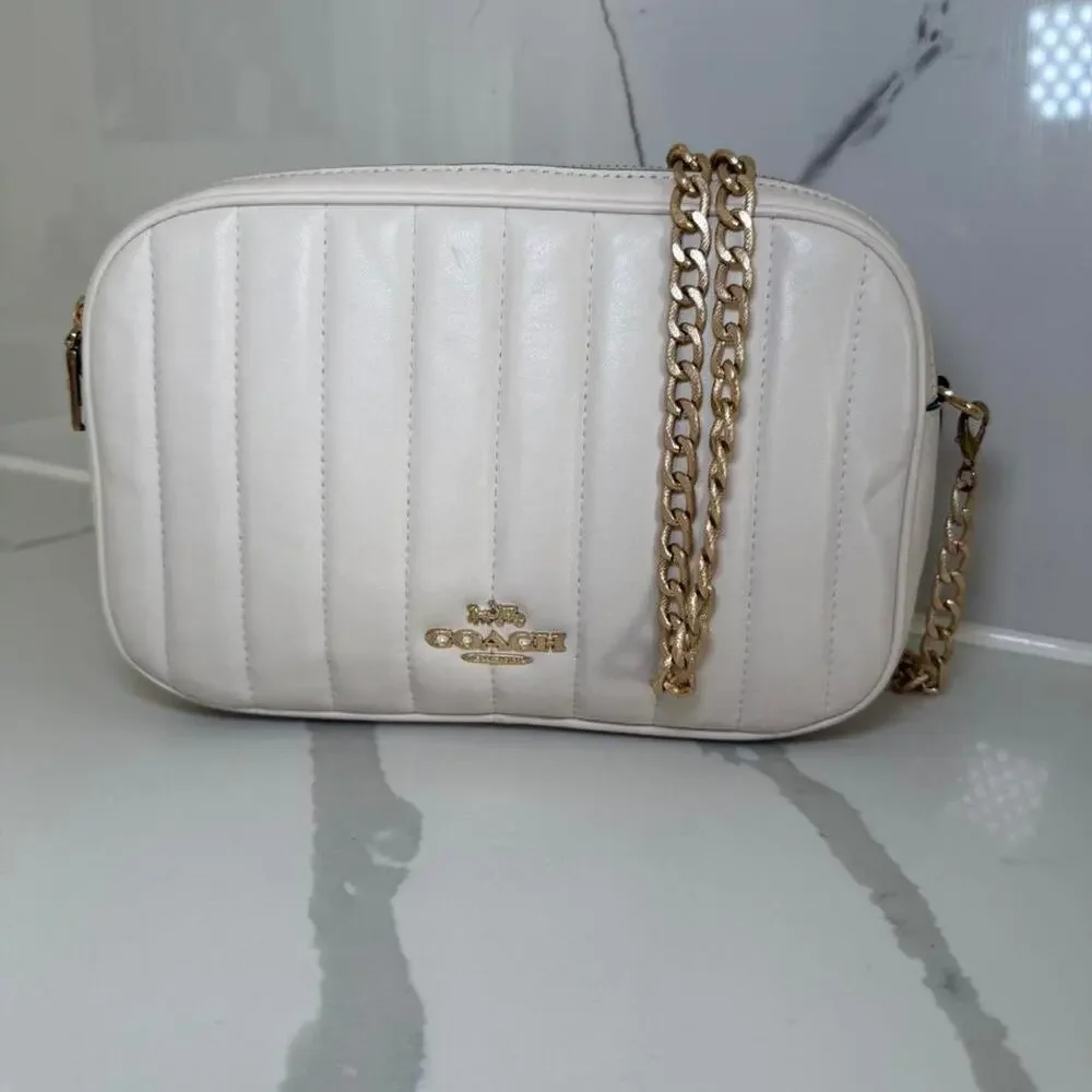 Coach White Quilted Leather Crossbody Bag Dual Zipper Gold Chain Shoulder Purse - Picture 1 of 8